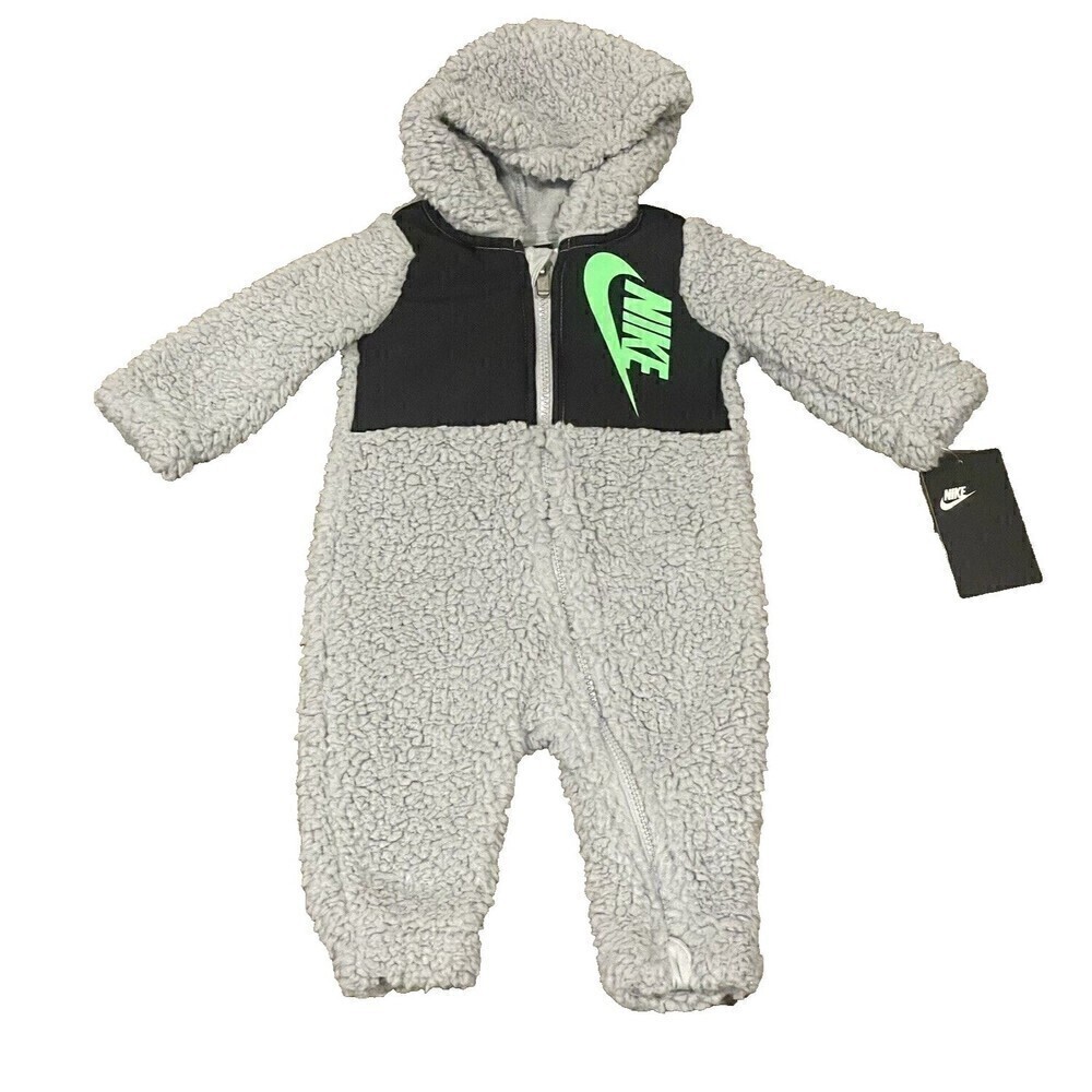 Nike Baby Hooded Full Zip Sherpa Coverall Bunting Grey Black & Green Unisex 6 Mo